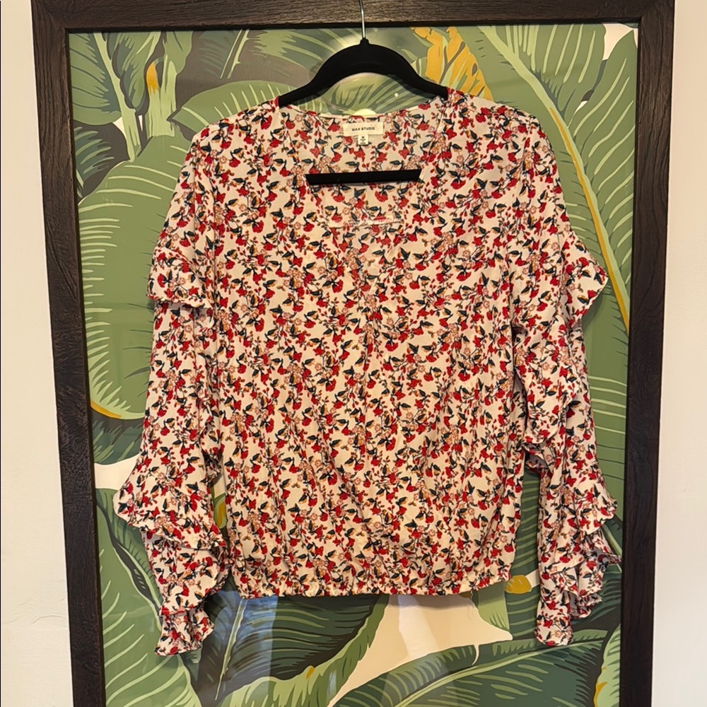 Max Studio Red and White Floral Ruffled Blouse